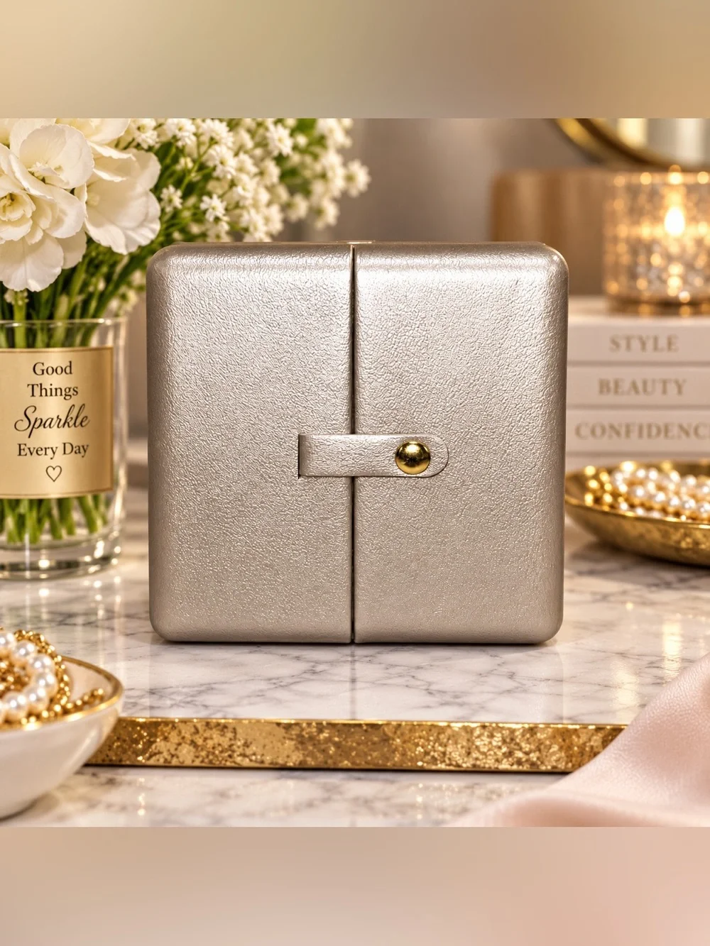 ✨ Metallic Champagne Gold Trifold Travel Jewelry Case Organizer